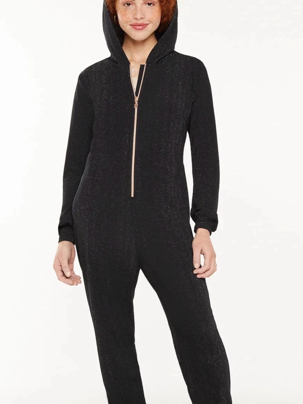 Savage X Fenty Black Shimmer Hooded Jumpsuit with Front Zip